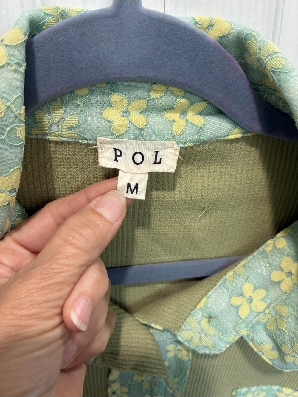 POL Light Olive Green Button-Down Shirt with Floral Trim - Picture 9 of 9